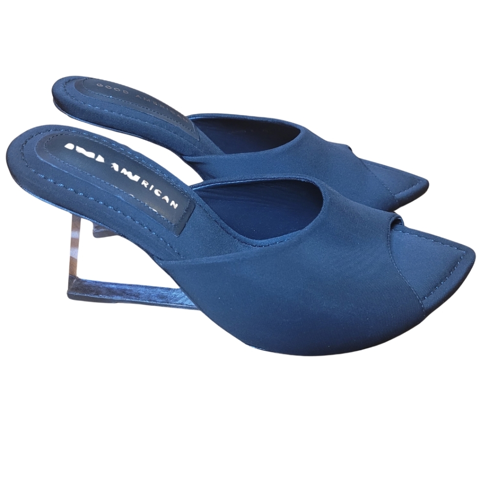 Good American Black Acrylic Heel Peep Toe Wedge Mules Sz 7.5